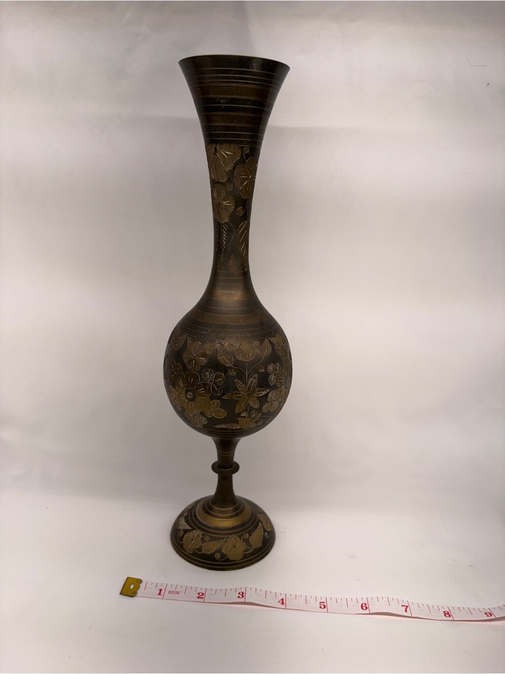 Vintage Hand-Etched Brass Vase 9” | Black Two-Tone Floral Engraved Boho
